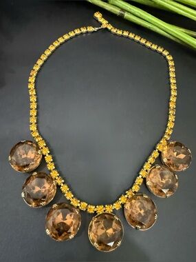 Rare Vintage Unsigned Orange Amber Color Large Round Rhinestone Chunky Necklace